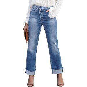 Women's High Waisted Stretch Denim Jeans Distressed Crossover Boyfriend